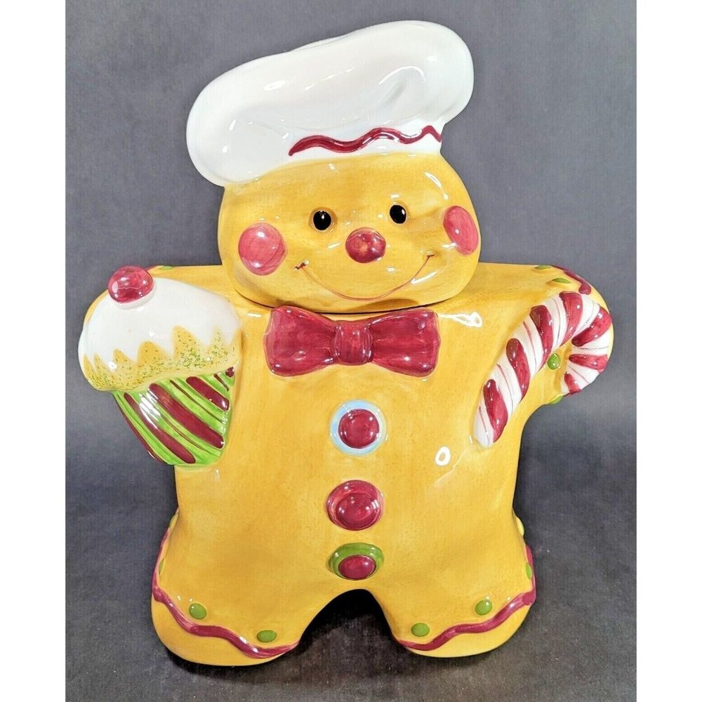 Gingerbread Man Ceramic 12" Cookie Jar Laurie Gates Christmas Holiday Canister